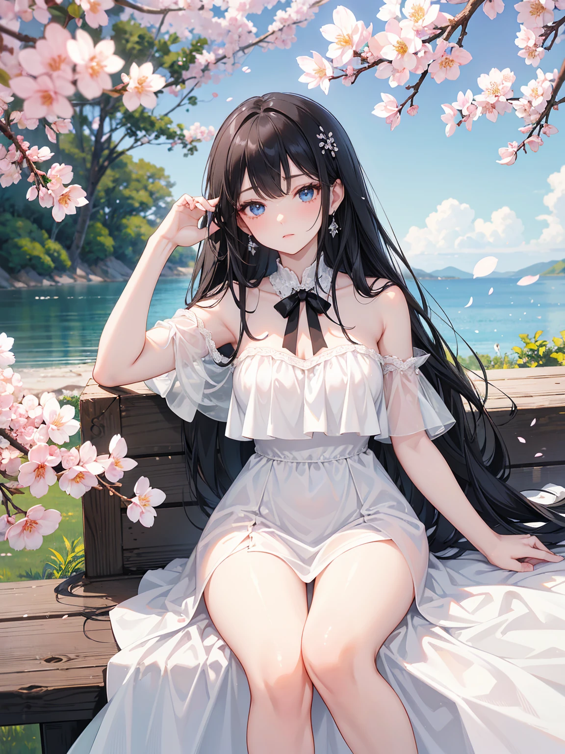 ((masterpiece)), ((highest quality、Ultra high definition)), (Very detailed),8K、Photo quality、((Amazingly cute girl)),((())), Two people, , (Beautiful emerald blue eyes), ((smile)),In the open-air bath overlooking the sea, Beautifully arranged black hair in twin tails、whole body、Cute lolita maid stylimsuit))、Professional Lighting、(White lace knee-highore detailed and beautiful)、(More details and cutenesore realistic)、(((Just wear light clothing)))、プールではしゃぐ、