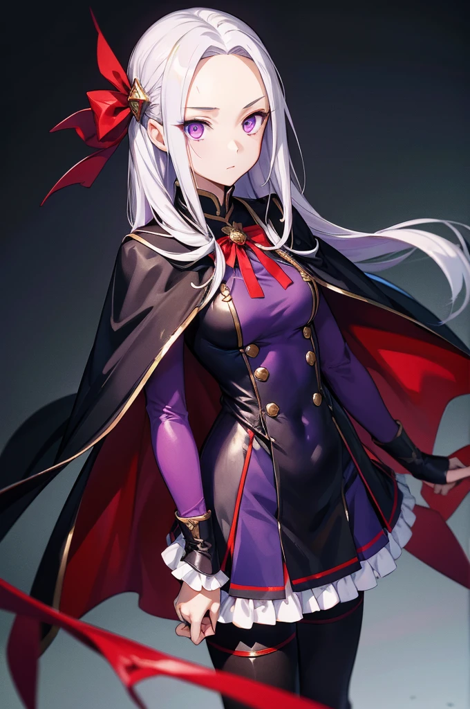 (masterpiece, Best Quality),  complicated details ,  1 girl,  Edelgard,  1 girl, Long Hair,  purple eyes, Alone,  viewers in rubber suits  , Cape,  hair ornament, ribbon, uniform,  simple background,  place your hand on your lower back,  is standing, red pantyhose, garreg mach monastery uniform, horror film's dark and crazy world is depicted in HD., Visual stimulation and aesthetic sensations are evoked, that will terrify and excite the audience....,Watercolor, （Lightless, Eyes without highlights, Evil Eye, An ugly person with white eyes, that&#39;red eyeliner）,Full body painting,　Adult features,Tall, black、Highlight crazy elements with k