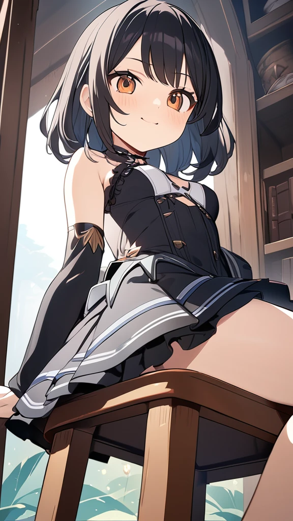 (one girl:1.2), (alone:1.2),(13 year old girl)、young girl、medium chest、 table top, nffsw、shader、highly detailed eyes、long black hair、silky hair、ultra-intricate pupil in eyes、highest quality、Dresses that are too big for your body type、Low exposure、bright colors、bust 85、Standing picture of the game、Pose to emphasize、Mini skirt overalls(big fluffy costume)(side boob)、Mini skirt dresses、black stockings、panty shot、thin legs、barefoot、Arm Crossing Pose、bare hands、stinky eyes、A grinning expression、evil smile、Showing the soles of the feet