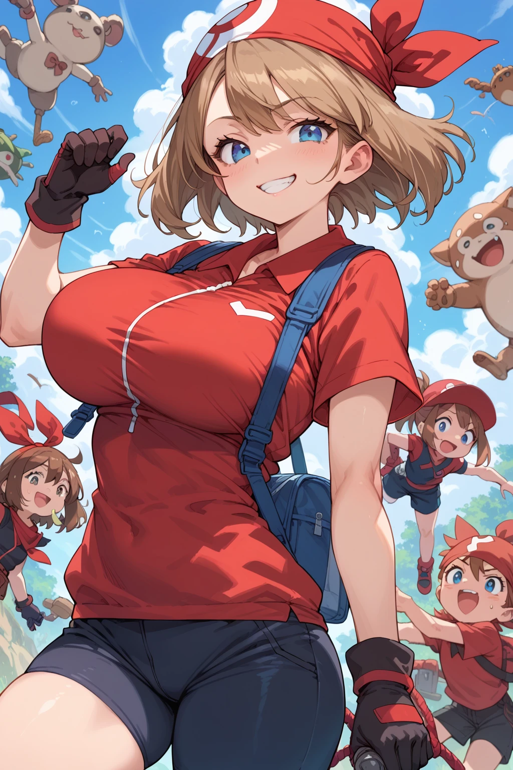 score_9, score_8_up, score_7_up, BREAK, ,1girl ,anime style, MayPXL, blue eyes, brown hair, short hair, red bandana, red shirt, short sleeves, gloves, black shorts, torso, smug smile, gigantic bust, toned, strong, bimbo body, huge boobs