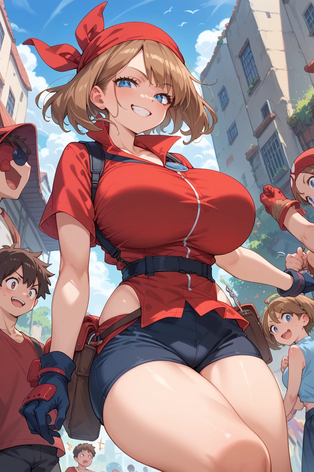 score_9, score_8_up, score_7_up, BREAK, ,1girl ,anime style, MayPXL, blue eyes, brown hair, short hair, red bandana, red shirt, short sleeves, gloves, black shorts, torso, smug smile, gigantic bust, toned, strong, bimbo body, huge boobs