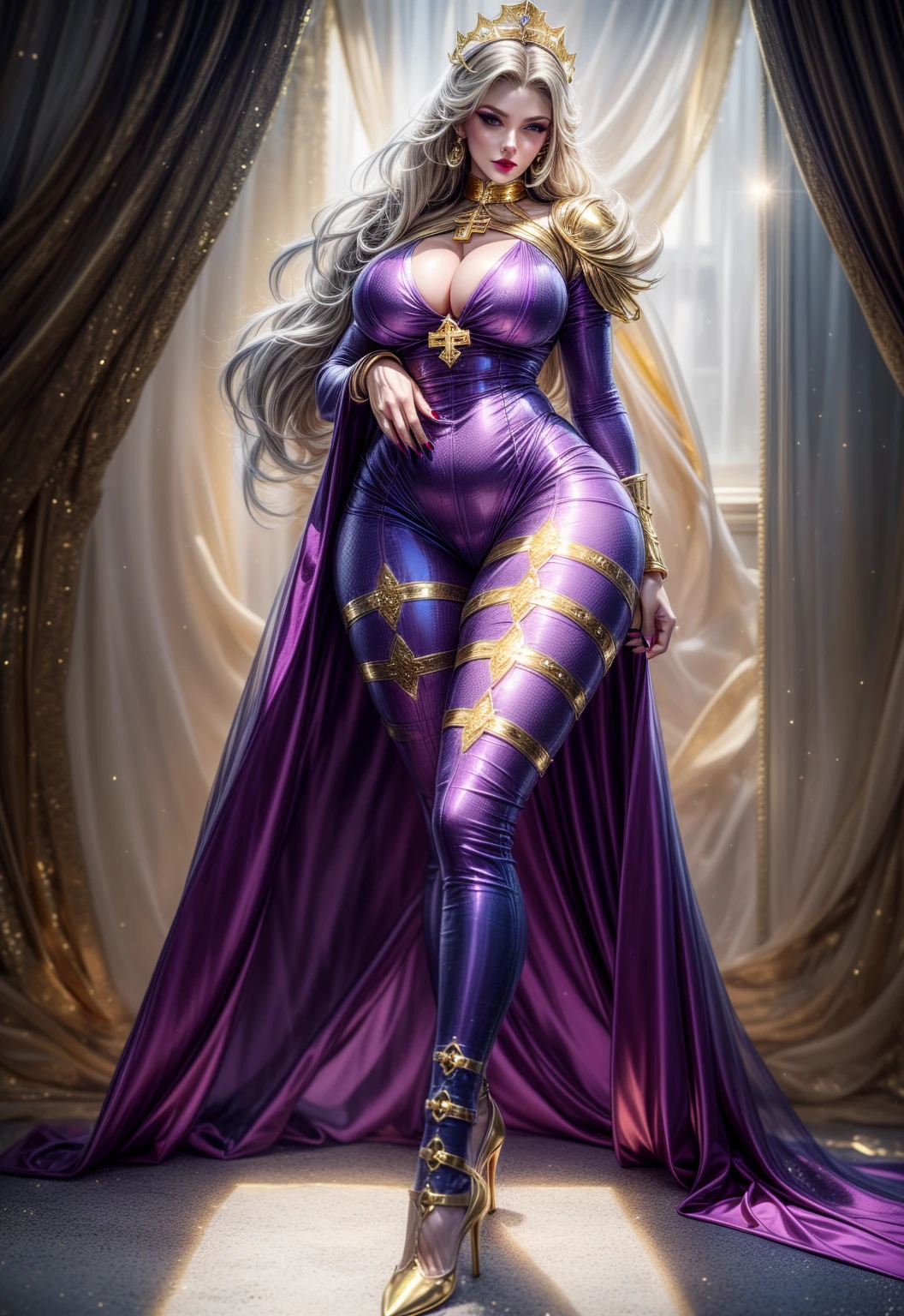Cornethata_that_Britannia, One girl, Huge_chest, Large scale_chest, purple_eye, (thatpstick:.98), (compensate:.8), Doll Suit, Are standing_in_intention, Salute, full_body_shot, chic, thick_Thighs、High leg leotard、Crotch bite、Bare breasts、Well defined nipples、Nipples are visible、Puffy nipples、Luxurious cloak,Wet crotch、Glare、Very angry face、((tears:1))