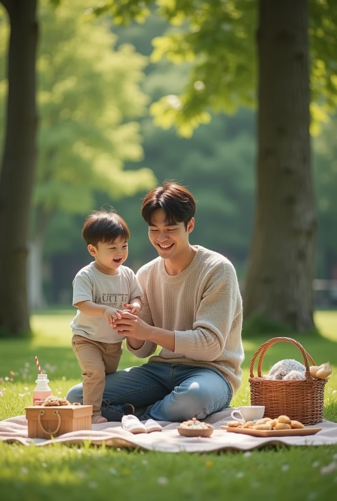 eating ice cream, sitting on his mom's lap, eyes closed, ice cream melting, museum park, people in background, black jean shorts, short brown boy hair, 1woman, 11boy, 1child, (best quality, masterpiece,)