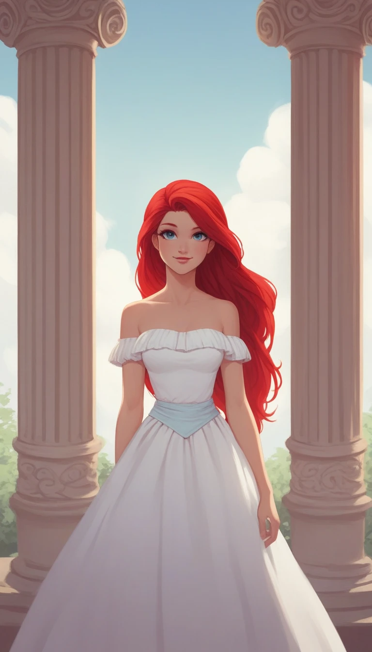 score_9, score_8_up, score_7_up, score_6_up, score_5_up, score_4_up, (rating safe), outside, standing, Ariel, human, long red hair, blue eyes, front view, strapless, a white ruffle off the shoulder dress, long dress, 1girl, solo, smile, blue skies, columns, looking at viewers