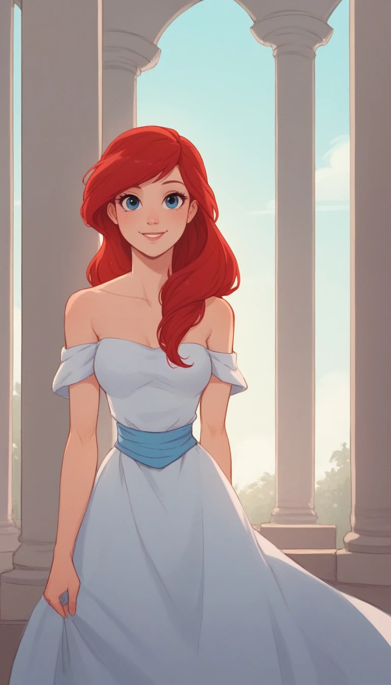 score_9, score_8_up, score_7_up, score_6_up, score_5_up, score_4_up, (rating safe), outside, standing, Ariel, human, long red hair, blue eyes, front view, strapless, a white ruffle off the shoulder dress, long dress, 1girl, solo, smile, blue skies, columns, looking at viewers