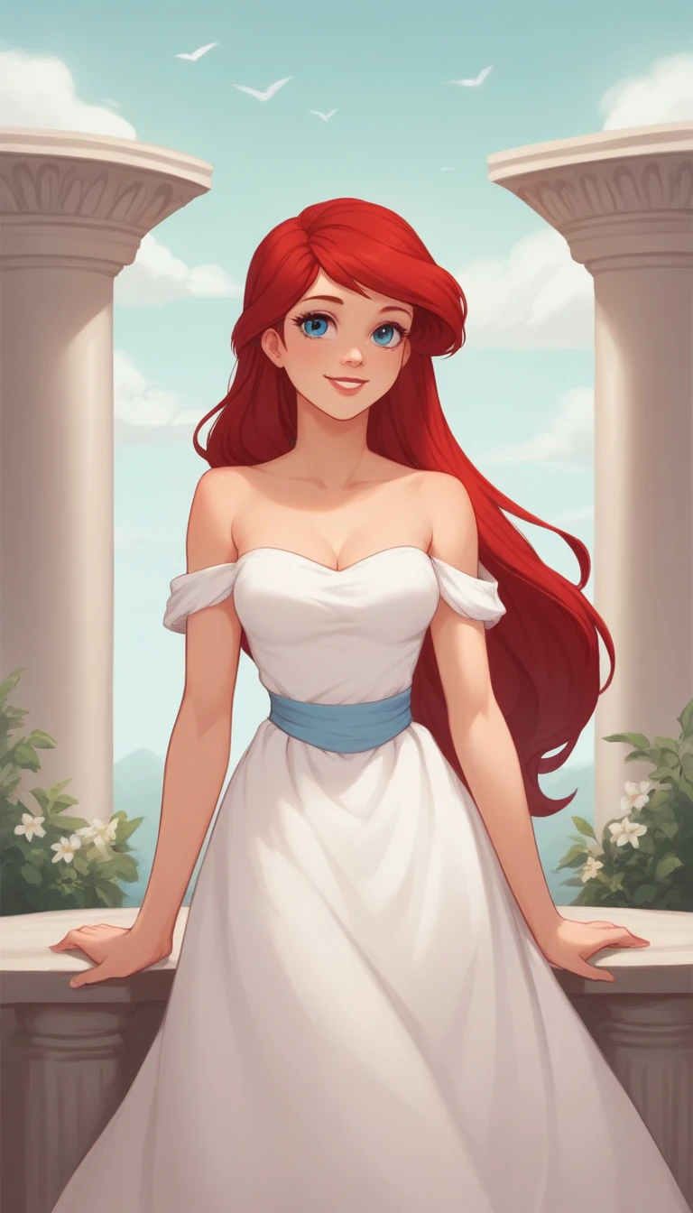 score_9, score_8_up, score_7_up, score_6_up, score_5_up, score_4_up, (rating safe), outside, standing, Ariel, human, long red hair, blue eyes, front view, strapless, a white ruffle off the shoulder dress, long dress, 1girl, solo, smile, blue skies, columns, looking at viewers