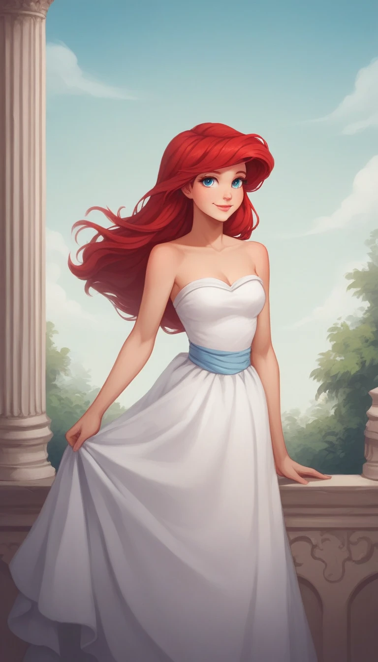 score_9, score_8_up, score_7_up, score_6_up, score_5_up, score_4_up, (rating safe), outside, standing, Ariel, human, long red hair, blue eyes, front view, strapless, a white ruffle off the shoulder dress, long dress, 1girl, solo, smile, blue skies, columns, looking at viewers