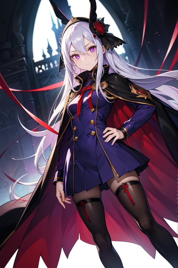 (masterpiece, Best Quality),  complicated details ,  1 girl,  Edelgard,  1 girl, Long Hair,  purple eyes, Alone,  viewers in rubber suits  , Cape,  hair ornament, ribbon, uniform,  simple background,  place your hand on your lower back,  is standing, red pantyhose, garreg mach monastery uniform, horror film's dark and crazy world is depicted in HD., Visual stimulation and aesthetic sensations are evoked, that will terrify and excite the audience....,Watercolor, （Lightless, Eyes without highlights, Evil Eye, An ugly person with white eyes, that&#39;red eyeliner）,Full body painting,　Adult features,Tall, black、Highlight crazy elements with k