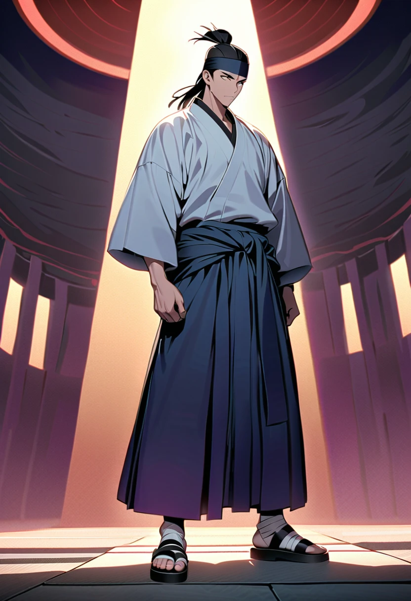 masterpiece, best quality, perfect lighting, high resolution, 1 guy, swordsman, tall stature, muscular but lean build, black hair, manbun and mullet, spiky dual bangs, black eyes, soulless eyes, calm and relaxed demeanor, straight face, handsome, white baggy kimono top, long cloth wrapped around waist with a color a mix of blue and purple, thick light-purple rope wrapped around waist, slightly baggy navy-blue pants, (black bandages wrapped over each ankle), black sandals, minimal black sword on waist, full body, three-quarter view, heian era background