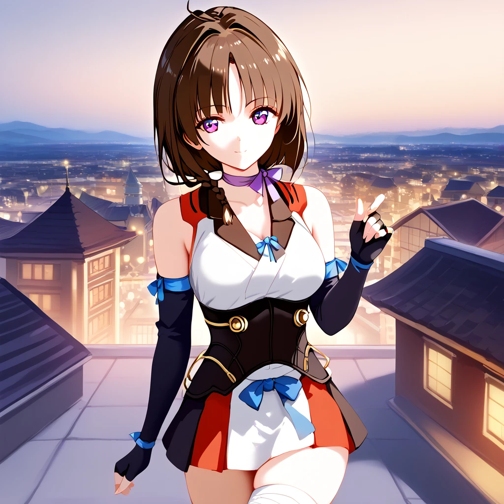  1 girl,  is standing, city, town, rooftop, night,  Medium Chest , Takamori Haruka(Back hairstyle :1.2, Body Type:1.2)"Kabanelli Unknown (bangs:1.2), Light purple eyes, "Dark brown hair,  single braids ,  Ribbon Choker ,Purple ribbon,Japanese clothes in navy blue and white, Corset , black and white hakama black short skirt, long sleeve, Blue Ribbon , bandaged legs ,Fingerless gloves,  Detached Sleeve "
seductive smile,
nsfw, FHD, Super detailed, Best Quality、Very delicate, lens, masterpiece, Best Quality, 