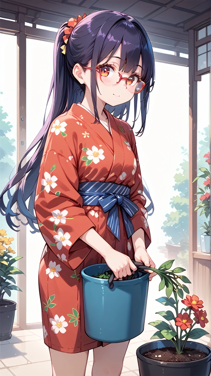  long hair,Glasses,Japanese red yukata,flower,Cosmos, Gardening 