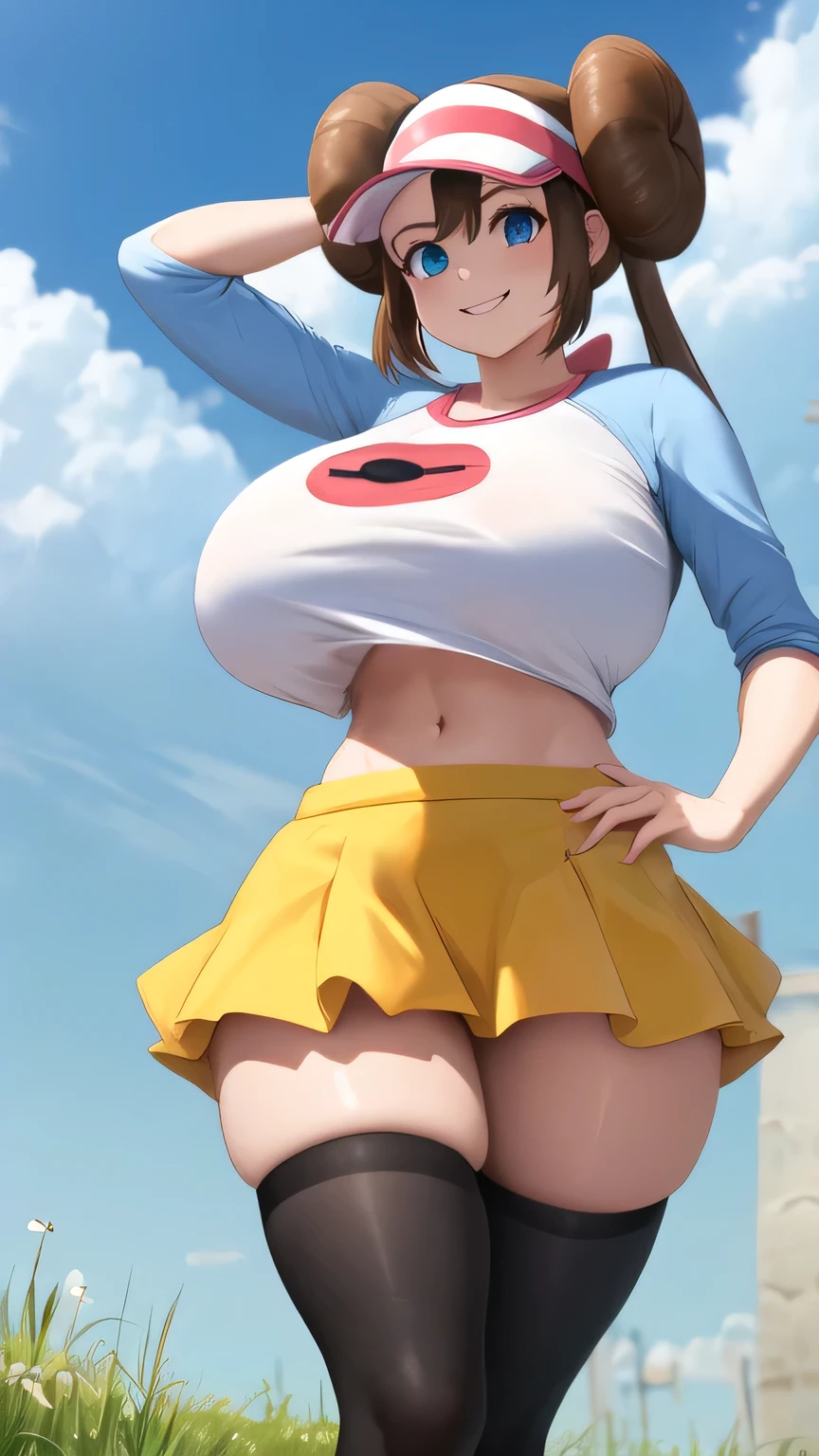 Perfect CG unity 8K UHD wallpaper, Perfect CG unity 8K UHD wallpaper, (masterpiece, best quality:1.2), cowboy shot, masterpiece, best quality, highres, ro1, hair bun, blue eyes, twintails, visor cap, thighhighs, raglan sleeves, ((yellow miniskirt)), croptop, pink bow, wristwatch, standing, cowboy shot, field, poke ball \(basic\), smile, gigantic breasts, thick thighs, skindentation, ((midriff)), ((very tall:1.2)), from below