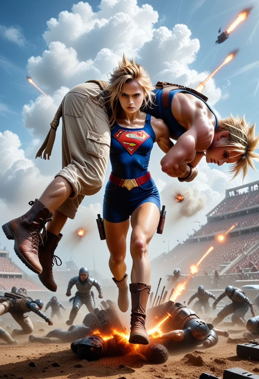 score_9, score_8_up, score_7_up, (in battle, lasers firing, explosions), perspective, low angle, angled view, dynamic action, rescuing, running, full body portrait, (((girl carrying boy, cradle carry))), 1girl (Supergirl, fit girl, long hair, athletic, largebreasts, perfect eyes, stunning large eyes, confident, beautiful face, smooth skin, toned arms), 1boy (unconscious, legs dangling, cloud strife), photorealistic,