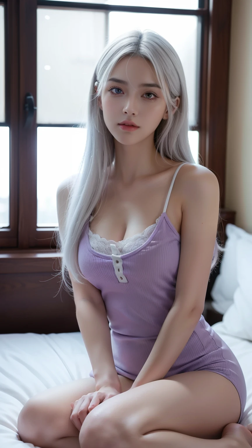 masterpiece, high quality,1 girl,long white hair, purple nightgown, Areola_slip, bandage
