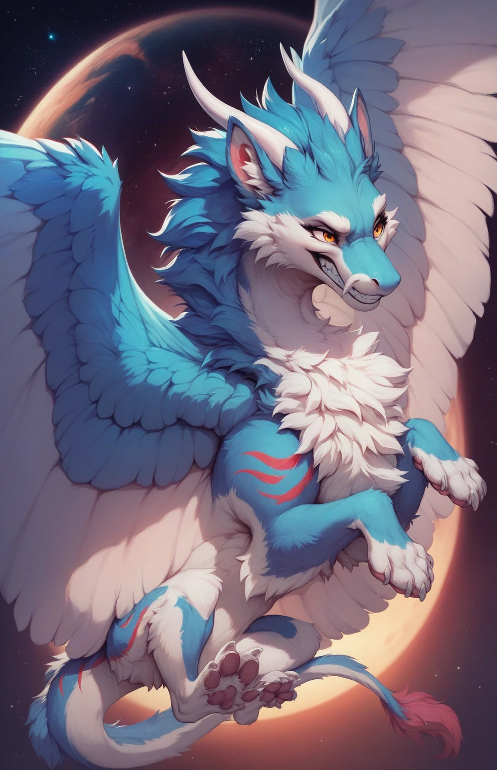 furry art, feral, furred dragon, female, full body, white and blue fur, thicc, wings, horns, tail, chest fluff, paws, fangs,  ton back,  angry, grin,  staring off into space, extra fluffy,  staring off into space, extra fluffy, quadruped, 