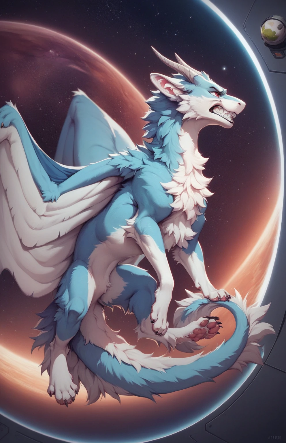 furry art, feral, furred dragon, female, full body, white and blue fur, thicc, wings, horns, tail, chest fluff, paws, fangs,  ton back,  angry, grin,  staring off into space, extra fluffy,  staring off into space, extra fluffy, quadruped, 