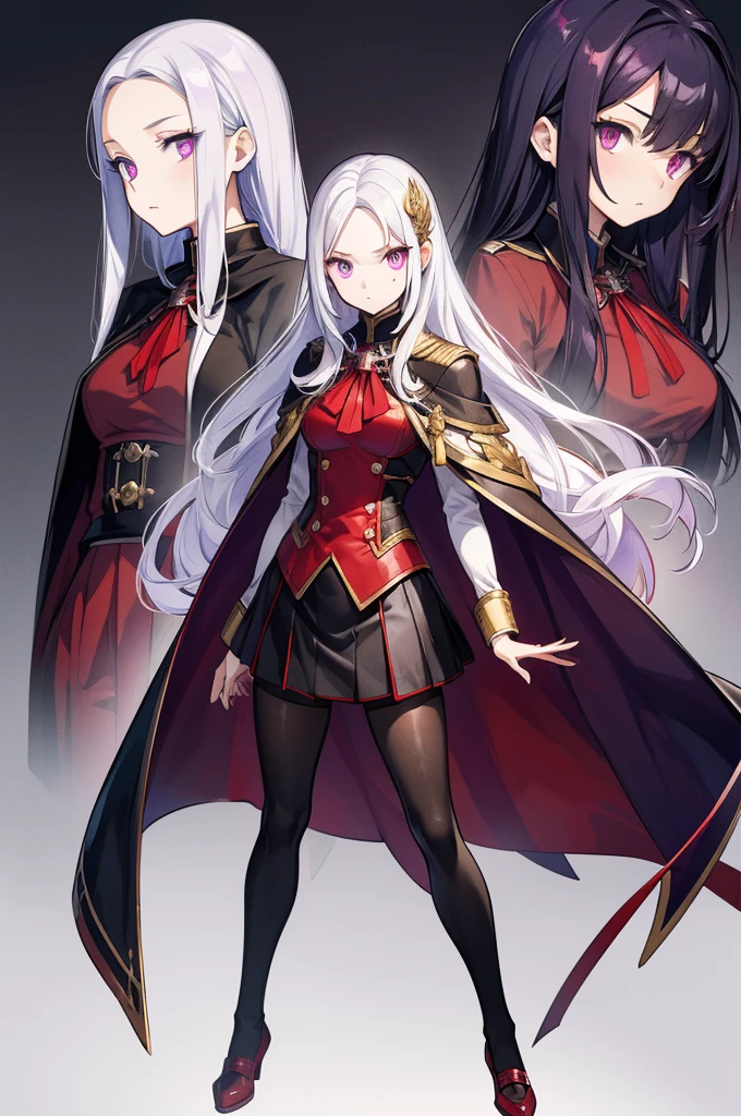 sketch ( character design sheet, Same person, full body, Three Views, Front, ~ side, return), (masterpiece, Best Quality),  complicated details ,  1 girl,  Edelgard,  1 girl, Long Hair,  purple eyes, Alone,  viewers in rubber suits  , Cape, Golden Hair Ornament , ribbon, uniform,  simple background,  place your hand on your lower back,  is standing, red pantyhose, garreg mach monastery uniform, horror film's dark and crazy world is depicted in HD., Visual stimulation and aesthetic sensations are evoked, that will terrify and excite the audience....,Watercolor, （Lightless, Eyes without highlights, Evil Eye, An ugly person with white eyes, that&#39;red eyeliner）,Full body painting,　Adult features,Tall, black、Q 