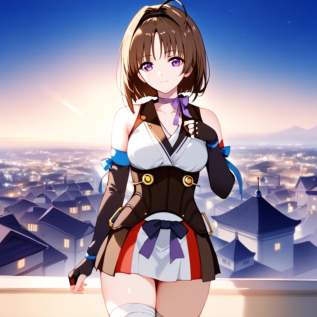  1 girl,  is standing, city, town, rooftop, night,  Medium Chest , Takamori Haruka(Back hairstyle :1.2, Body Type:1.2)"Kabanelli Unknown (bangs:1.2), Light purple eyes, "Dark brown hair,  single braid,  Ribbon Choker ,Purple ribbon,Japanese clothes in navy blue and white, Corset ,black and white hakama black short skirt, long sleeve, Blue Ribbon , bandaged legs ,Fingerless gloves,  Detached Sleeve "
seductive smile,
nsfw, FHD, Super detailed, Best Quality、Very delicate, lens, masterpiece, Best Quality, 