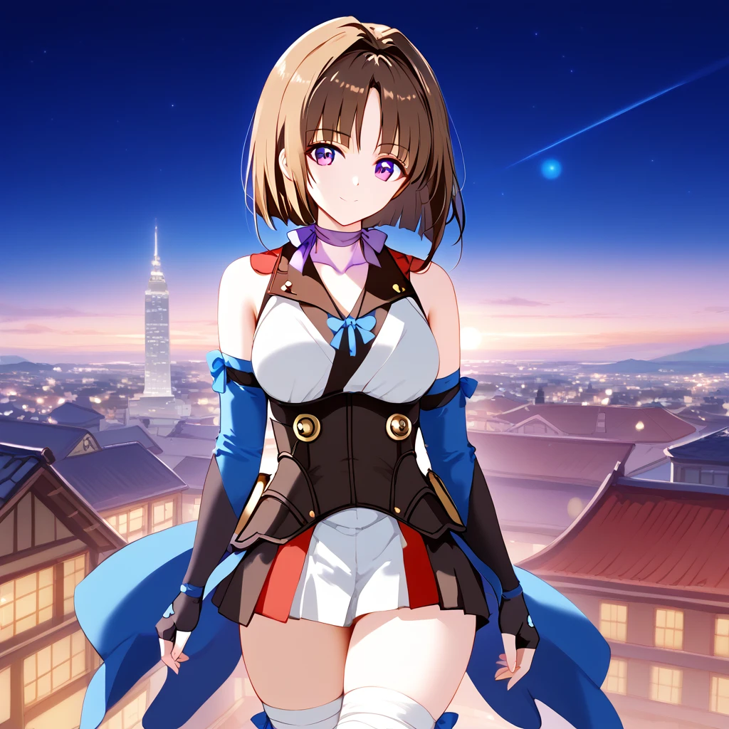  1 girl,  is standing, city, town, rooftop, night,  Medium Chest , Takamori Haruka(Back hairstyle :1.2, Body Type:1.2)"Kabanelli Unknown (bangs:1.2), Light purple eyes, "Dark brown hair,  single braid,  Ribbon Choker ,Purple ribbon,Japanese clothes in navy blue and white, Corset ,black and white hakama black short skirt, long sleeve, Blue Ribbon , bandaged legs ,Fingerless gloves,  Detached Sleeve "
seductive smile,
nsfw, FHD, Super detailed, Best Quality、Very delicate, lens, masterpiece, Best Quality, 