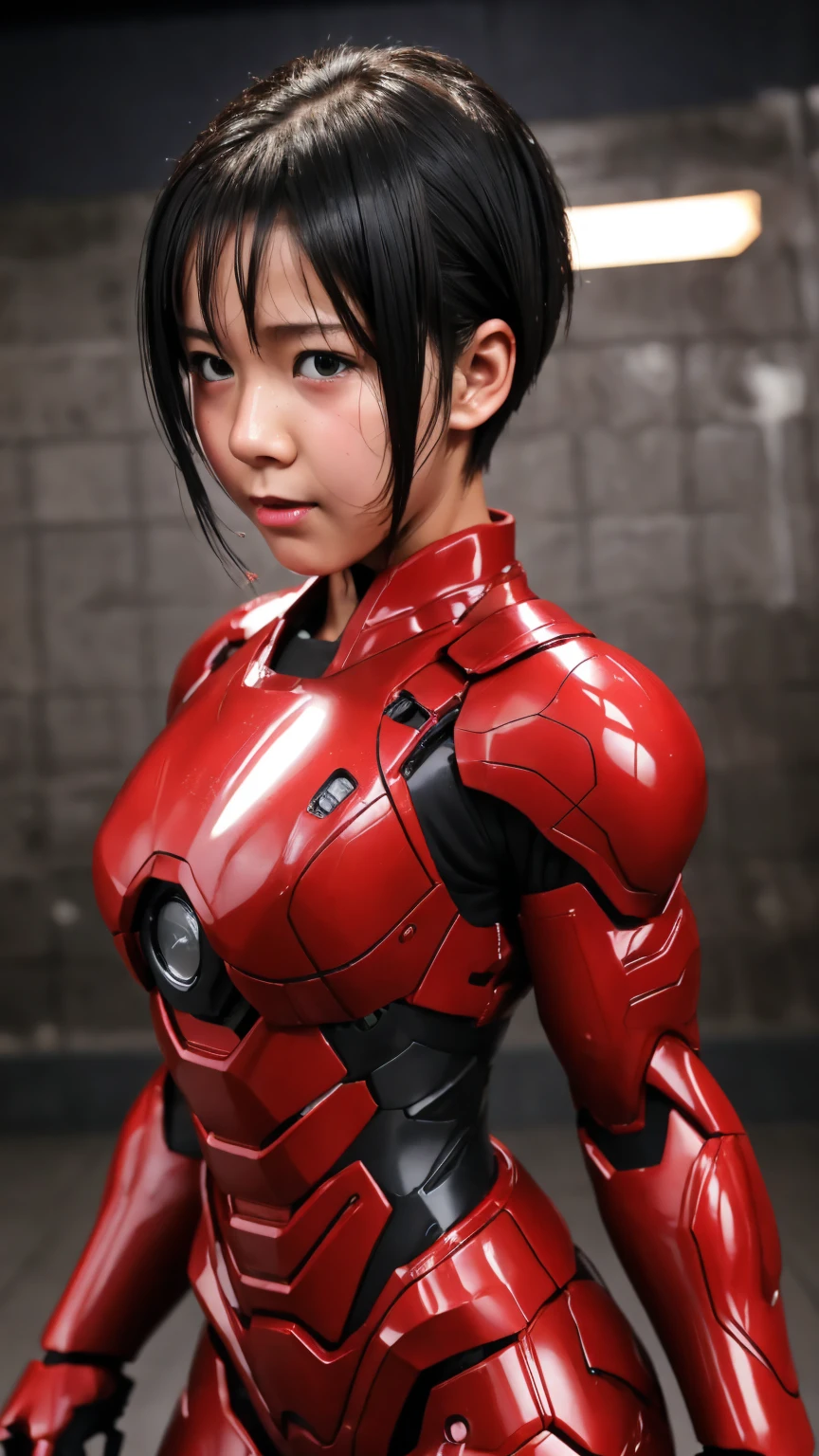 Best Quality　 8k full body red war machine suit girl　Gloss　 elementary school girl 　Sweaty face　cute　 short hair　 boyish 　Steam coming out of my head　 My hair is wet from sweat　The feel of black hair　 full body portrait 　  erotic expression 　Drooling from the mouth　bare hands　 low angle 