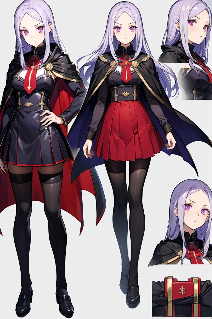 sketch ( character design sheet, Same person, full body, Three Views, Front, ~ side, return), (masterpiece, Best Quality),  complicated details ,  1 girl,  Edelgard,  1 girl, Long Hair,  purple eyes, Alone,  viewers in rubber suits  , Cape, ヘアサQ レット, ribbon, uniform,  simple background,  place your hand on your lower back,  is standing, red pantyhose, garreg mach monastery uniform, horror film's dark and crazy world is depicted in HD., Visual stimulation and aesthetic sensations are evoked, that will terrify and excite the audience....,Watercolor, （Lightless, Eyes without highlights, Evil Eye, An ugly person with white eyes, that&#39;red eyeliner）,Full body painting,　Adult features,Tall, black、Q 