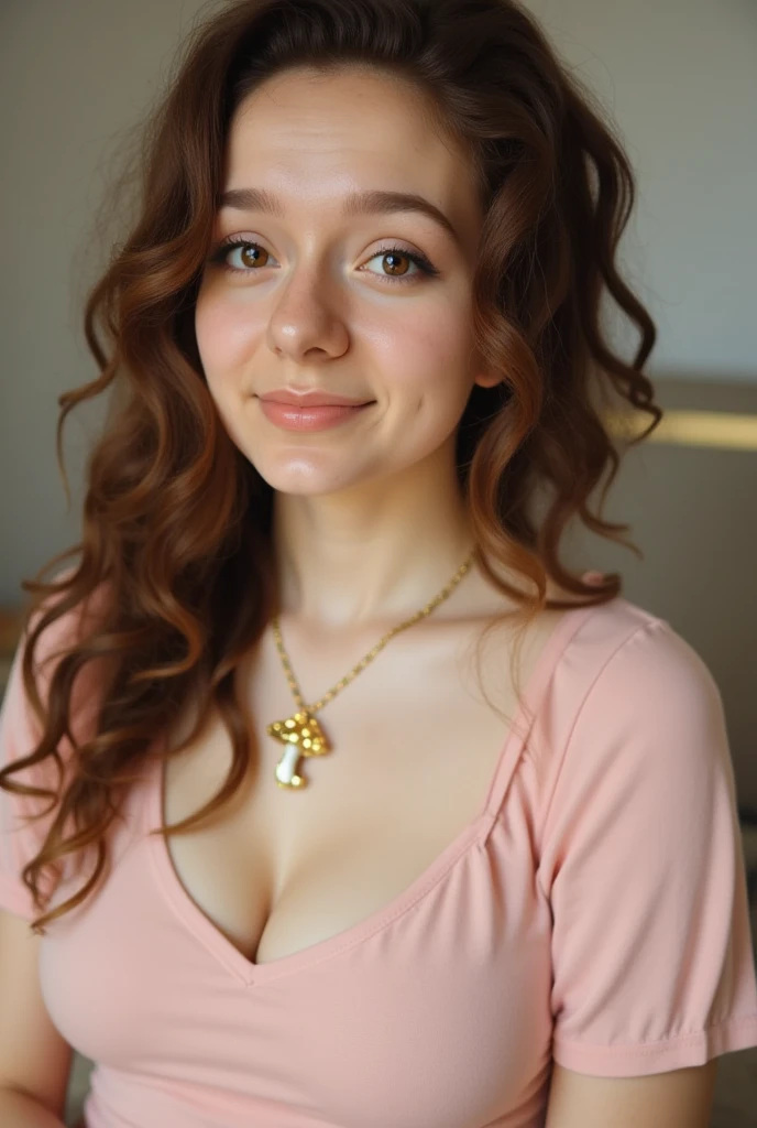 The image is a photograph of a young woman with curly, light brown hair styled in loose waves. She has a light complexion with a slight freckled appearance, and she is smiling gently at the camera. She is wearing a soft pink, short-sleeved blouse with a V-neckline. Around her neck, she has a delicate gold necklace with a pendant that resembles a small, stylized mushroom, featuring a vibrant, colorful cap with a pink base and yellow and orange accents.