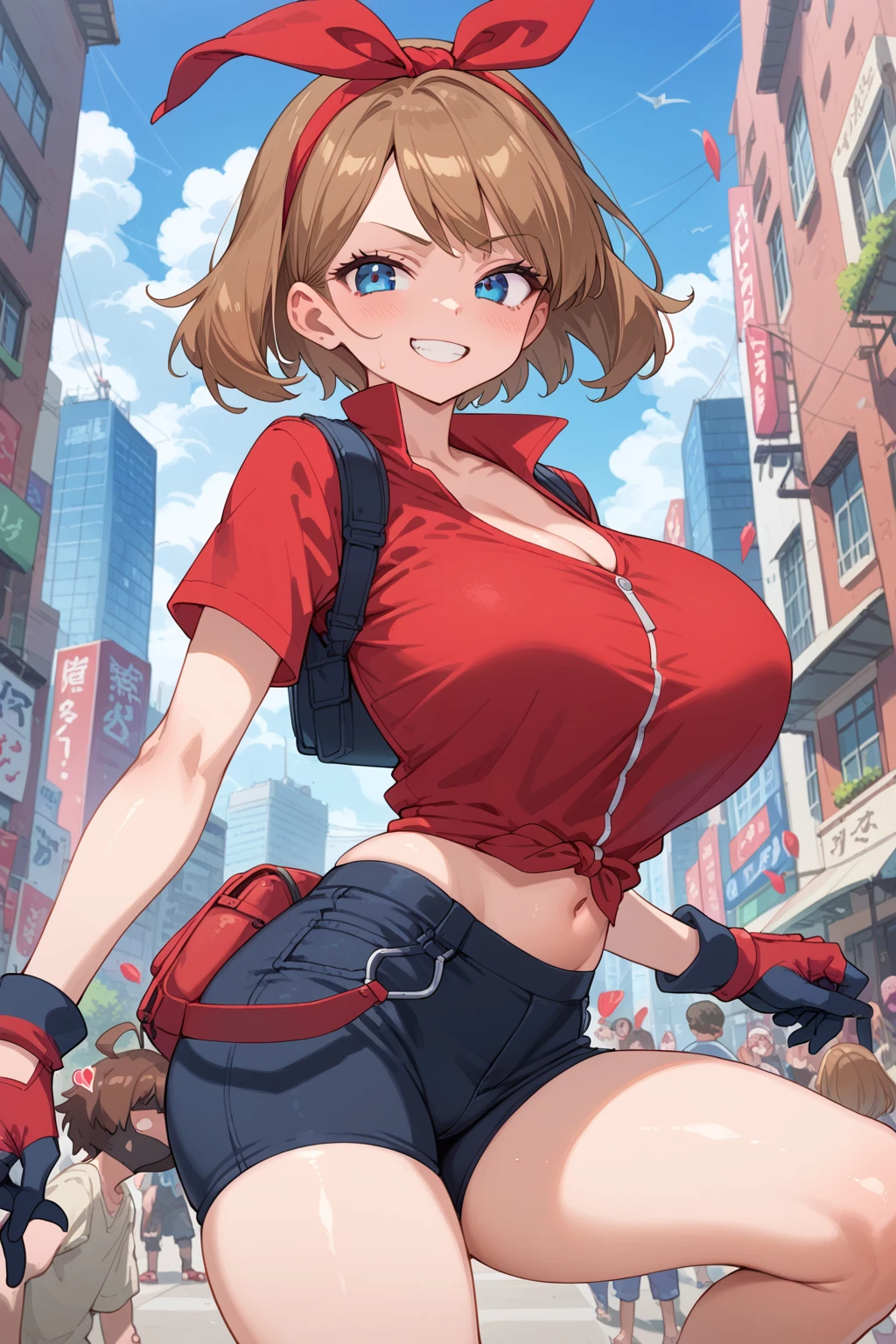 score_9, score_8_up, score_7_up, BREAK, ,1girl ,anime style, MayPXL, blue eyes, brown hair, short hair, red bandana, red shirt, short sleeves, gloves, black shorts, torso, smug smile, gigantic bust, toned, strong, bimbo body, huge boobs, curvy, city, thicc thighs, busty cleavage