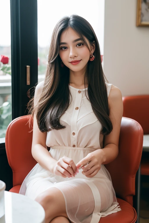 Beautiful girl looking at the viewer ,Wear a dress with a heart pattern, a tight-fitting skirt.,, clear white skin, soft cheeks, Smiling charmingly, seeing ,Sharp face, Brown eyes , Sitting in a cafe in a rose garden
Medium chest , earring, Long straight hair, gray hair 