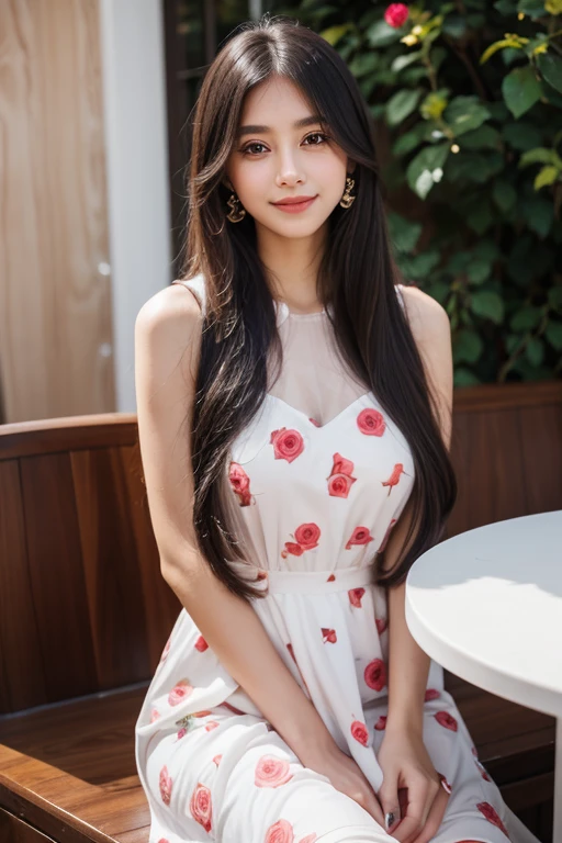 Beautiful girl looking at the viewer ,Wear a dress with a heart pattern, a tight-fitting skirt.,, clear white skin, soft cheeks, Smiling charmingly, seeing ,Sharp face, Brown eyes , Sitting in a cafe in a rose garden
Medium chest , earring, Long straight hair, gray hair 