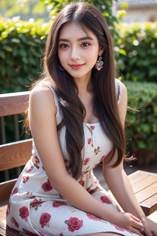 Beautiful girl looking at the viewer ,Wear a dress with a heart pattern, a tight-fitting skirt.,, clear white skin, soft cheeks, Smiling charmingly, seeing ,Sharp face, Brown eyes , Sitting in a cafe in a rose garden
Medium chest , earring, Long straight hair, gray hair 