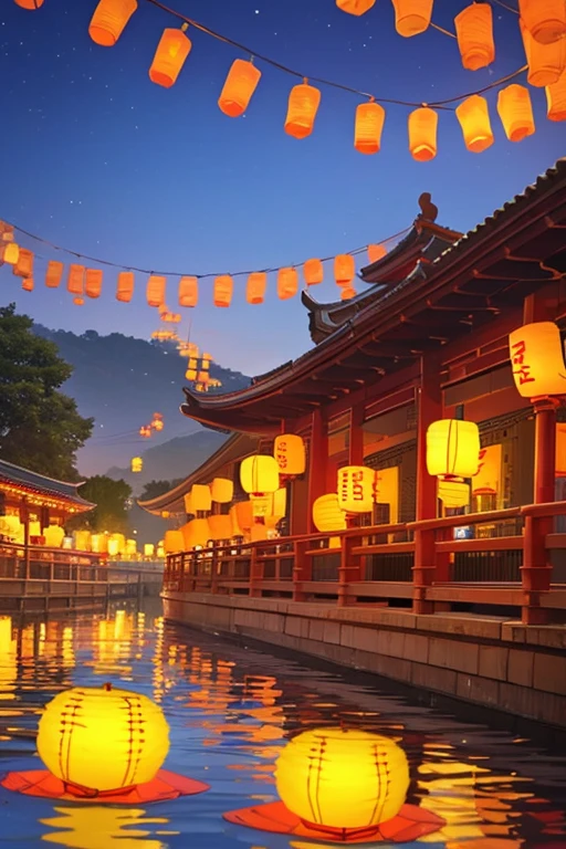 Big gentle river 　 many floating lanterns　festival　evening　Floating Lanterns/floating lanterns/Floating Lantern 