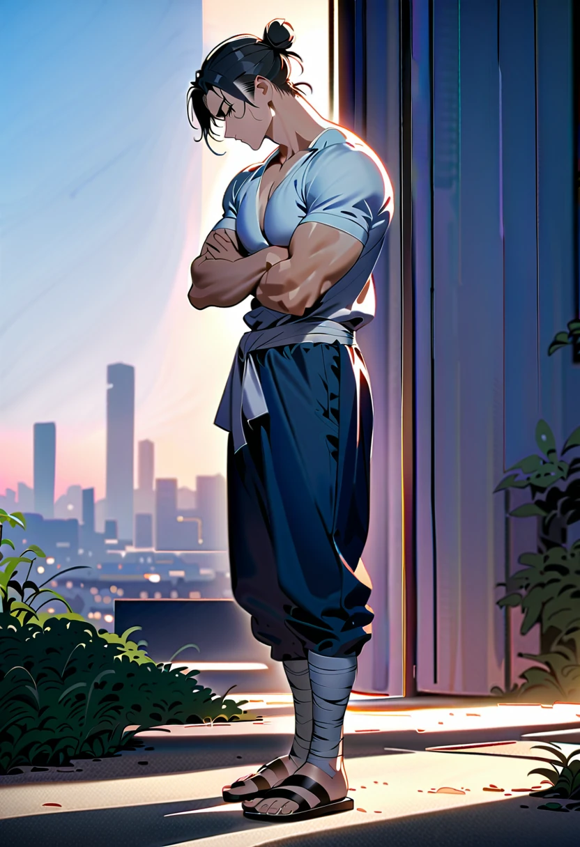 masterpiece, best quality, perfect lighting, high resolution, 1 guy, samurai, muscular but lean build, black hair, (manbun samurai hairstyle), spiky dual bangs, black eyes, calm demeanor, handsome, white baggy kimono top, long faded-blue cloth wrapped around waist, thick light-purple rope wrapped around waist, mildly baggy navy-blue pants, (black bandages wrapped over ankles), black sandals, sheathed katana on waist, arms crossed, full body view, three-quarter view, pasture background, (detailed background)