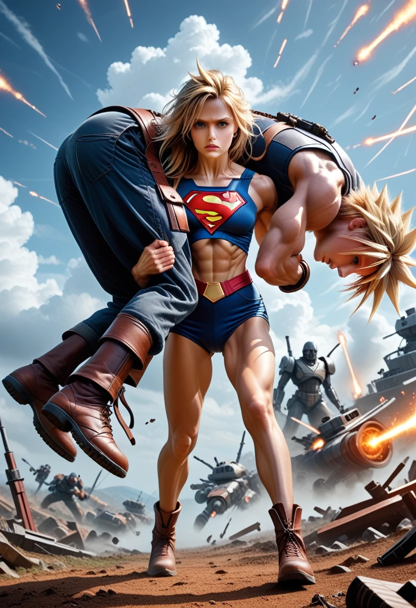 score_9, score_8_up, score_7_up, (in battle, lasers firing, explosions), perspective, low angle, angled view, dynamic action, rescuing, running, full body portrait, (((girl carrying boy, cradle carry))), 1girl (Supergirl, fit girl, long hair, athletic, largebreasts, perfect eyes, stunning large eyes, confident, beautiful face, smooth skin, toned arms), 1boy (unconscious, legs dangling, cloud strife), photorealistic,