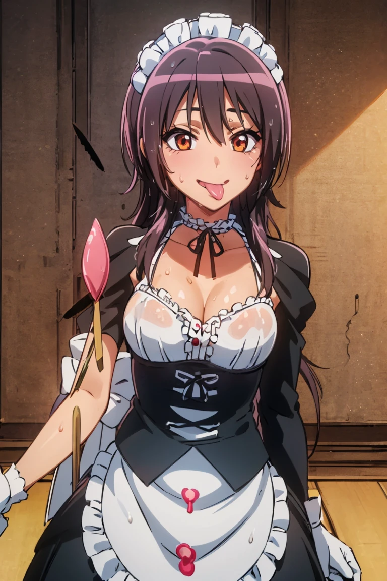 (Very detailed CG Unity 4k wallpaper),(masterpiece),(Highest quality),(Very detailed),(Best illustrations),(Best Shadow),(Absurd),(Detailed Background), ayuzawa misaki, 1girl, solo, alone, white frills apron maid, black hair, long hair, brown eyes, (((choker, medium breasts))), ((((((open mouth, tongue out, stick out tongue, long tongue)))))), (((full face blush, sexual ecstasy smile, fucked silly, vulgarity, gleaming skin, oil skin, shiny skin, sweat, wet skin, evil smile, happy))), perfect female body, maid headdress, (((puff sleeves top))), all covering and white gloves, bare neck, collarbone, pleated skirt, black clothes, long sleeves, shoulder clothes, standing, cowboy shot,