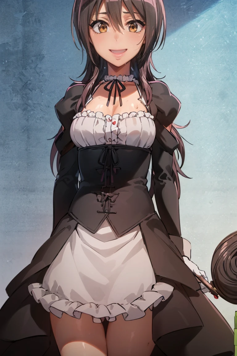 (Very detailed CG Unity 4k wallpaper),(masterpiece),(Highest quality),(Very detailed),(Best illustrations),(Best Shadow),(Absurd),(Detailed Background), ayuzawa misaki, 1girl, solo, alone, white frills apron maid, black hair, long hair, brown eyes, (((choker, medium breasts))), ((((((open mouth, tongue out, stick out tongue, long tongue)))))), (((full face blush, sexual ecstasy smile, fucked silly, vulgarity, gleaming skin, oil skin, shiny skin, sweat, wet skin, evil smile, happy))), perfect female body, maid headdress, (((puff sleeves top))), all covering and white gloves, bare neck, collarbone, pleated skirt, black clothes, long sleeves, shoulder clothes, standing, cowboy shot,