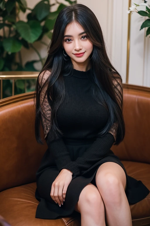 Beautiful girl looking at the viewer ,Wear a black knitted dress with a heart pattern, a tight-fitting skirt,, clear white skin, soft cheeks, Smiling charmingly, seeing ,Sharp face, Brown eyes , Sitting in a cafe in a rose garden
Medium chest , earring, Long straight hair, gray hair 