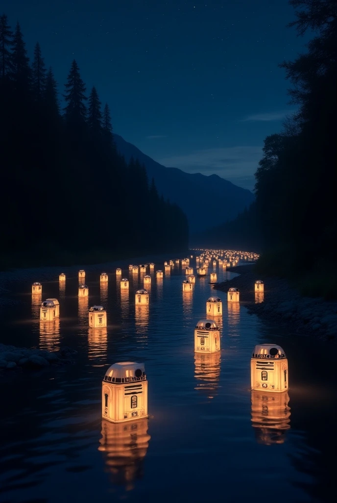 A serene night scene featuring a river illuminated by numerous lanterns shaped like R2-D2 glowing, softly in the dark. The lanterns float gently on the water's surface, casting reflections and creating a magical atmosphere. The surrounding environment is tranquil with subtle ripples in the water, and a starry sky overhead.