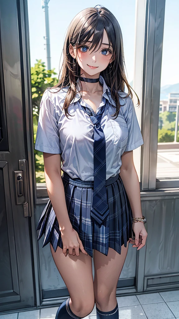 Top quality, high image, 1 woman, , school stairs, navy jacket, Medium breasts,white blouse,(plaid miniskirt), cotton panties,upskirt,from below1.3、Smiling beautiful girl、17 years oldwn, looking at me、Checkered pleated skirt、Sit with your buttocks down、loafers、Knee-high socks、Ponytail sitting on stairs、白いパンティ