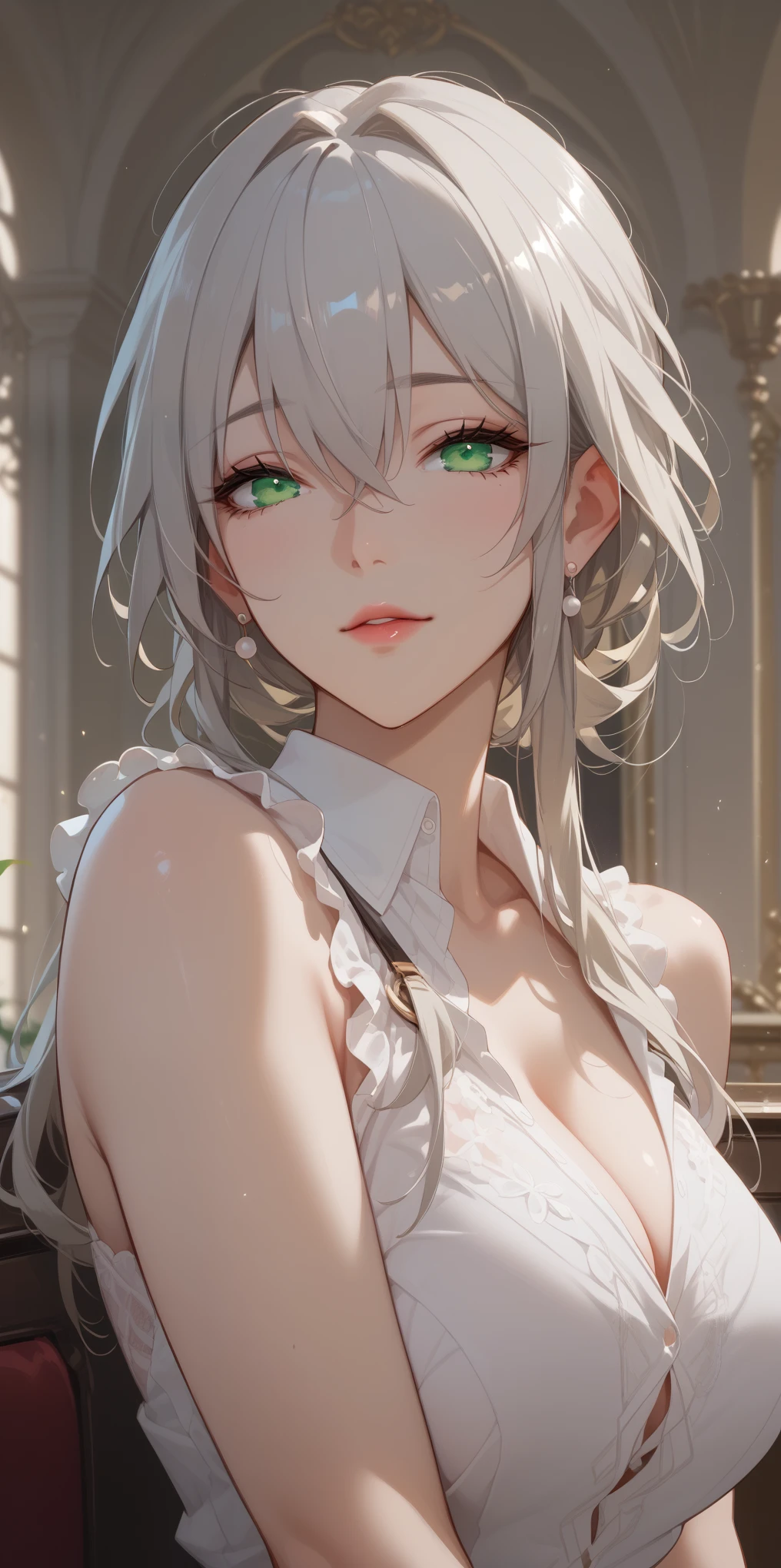 Score_9, Score_8_up, Score_7_up, Score_6_up, Score_5_up, Score_4_up, Source_anime, masterpiece, best quality, 1girl, long hair, silver hair, hair between eyes, green eyes, mature woman, perfect eyes,  curvaceous, sleeveless shirt, upper body, cleave, soft light, kafka, home