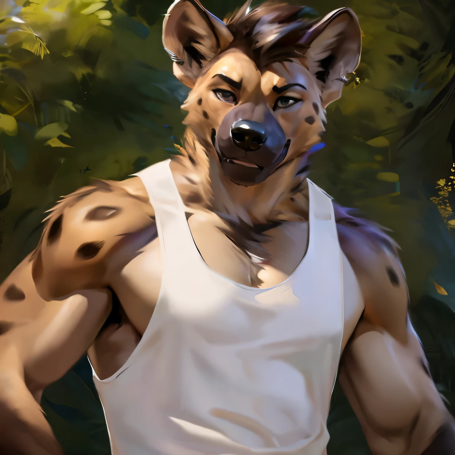 anthro, african wild dog, (realistic fur, fur, realistic fur texture:1), three-quarter portrait, standing, adult, male, solo, muscular, veiny muscles, topless, pants, tail, detailed background, snowy mountain background, photorealistic, hyper realistic, ultra detailed,