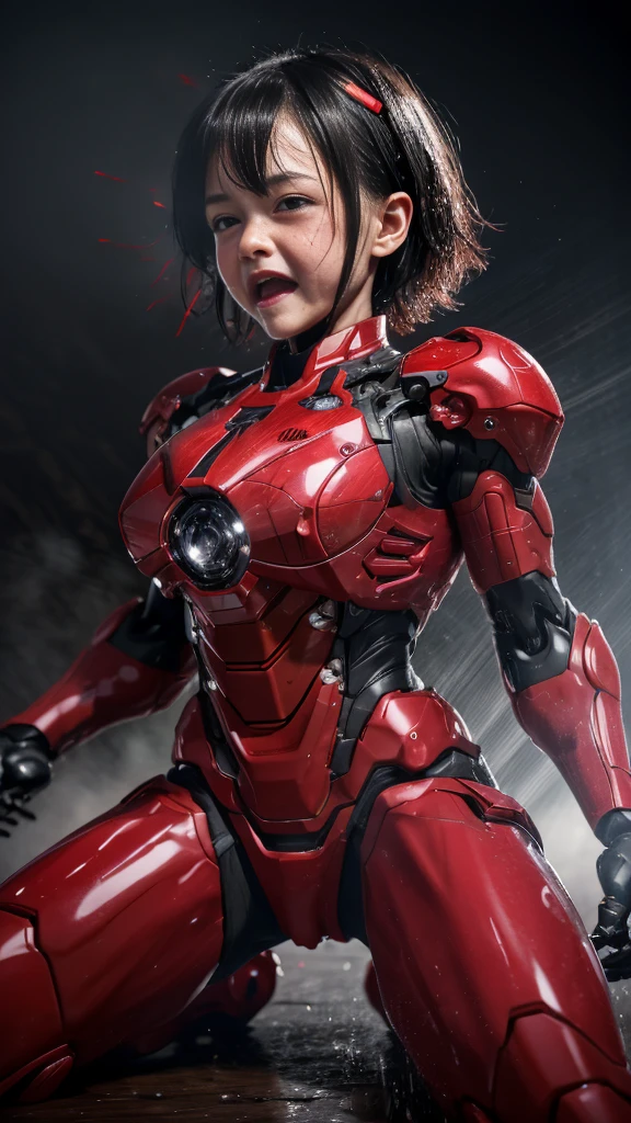 Best Quality　 8k full body red war machine suit girl　Gloss　 elementary school girl 　Sweaty face　cute　 short hair　 boyish 　Steam coming out of my head　 My hair is wet from sweat　The feel of black hair　 full body portrait 　  erotic expression 　Drooling from the mouth　bare hands　 low angle 