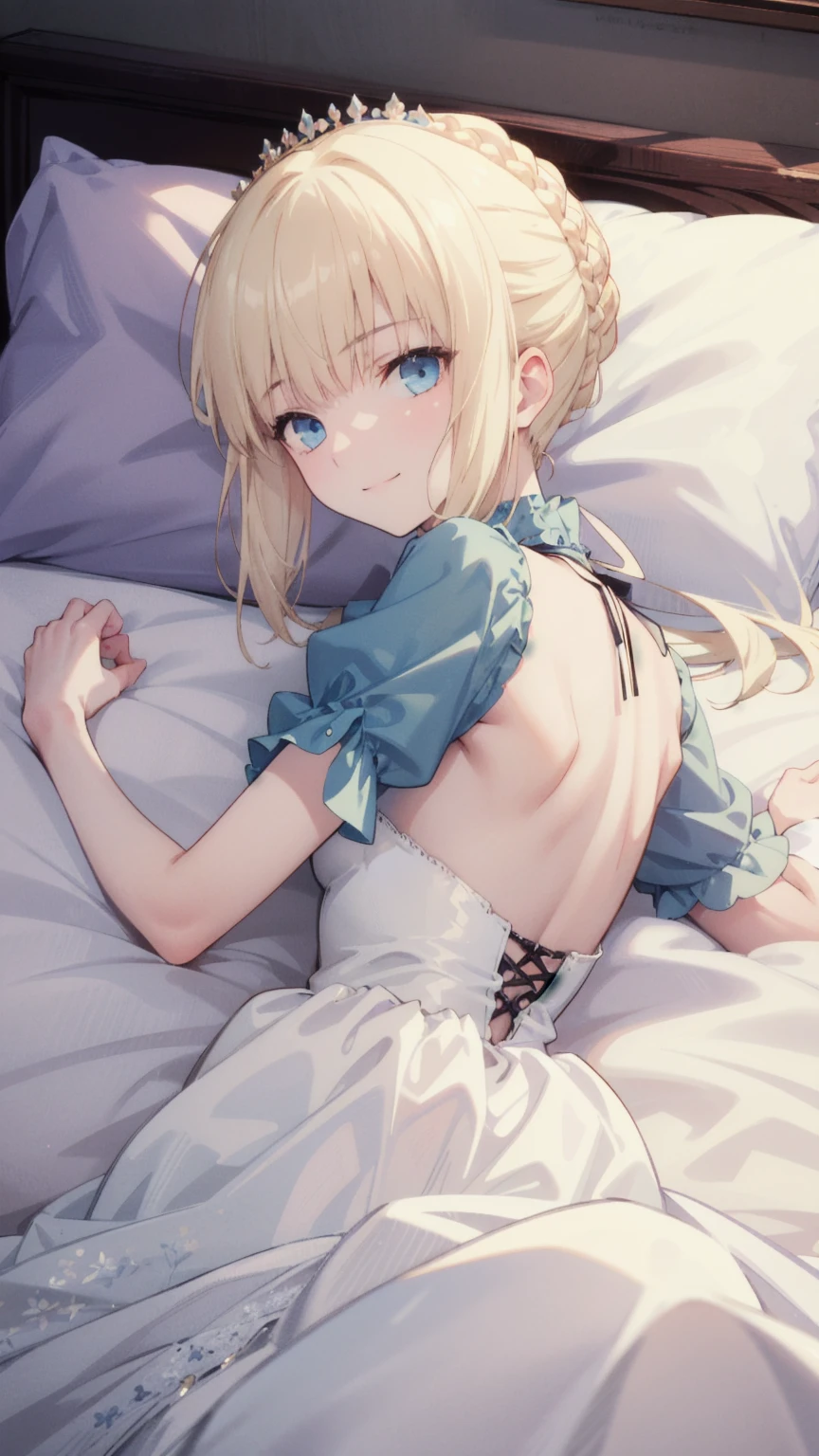 Princess Blue Dress、gold tiara、Transparent pure white skin、Glossy skin、long hair、golden hair、blue eyes、room、blush、skinny、View from the bottom、crying face、small mouth、emphasize the muscles of the pussy、((10 years old))、(((Lift up your skirt and show your white panties)))、short skirt、princess tiara、(((spread legs)))、the man'his head is between his legs、Cunnilingus