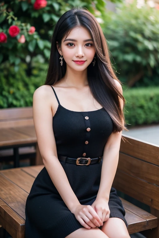 Beautiful girl looking at the viewer ,Wear a black knitted dress with a heart pattern, a tight-fitting skirt,, clear white skin, soft cheeks, Smiling charmingly, seeing ,Sharp face, Brown eyes , Sitting in a cafe in a rose garden
Medium chest , earring, Long straight hair, gray hair 