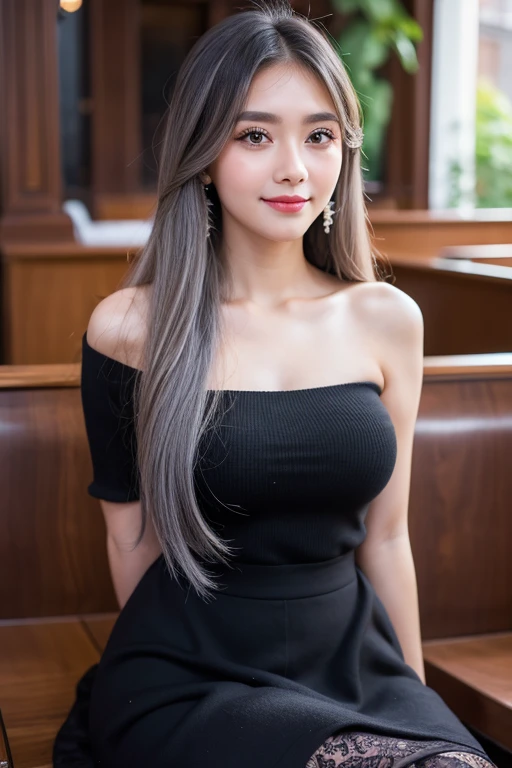 Beautiful girl looking at the viewer ,Wear a black knitted dress with a heart pattern, a tight-fitting skirt,, clear white skin, soft cheeks, Smiling charmingly, seeing ,Sharp face, Brown eyes , Sitting in a cafe in a rose garden
Medium chest , earring, Long straight hair, gray hair 