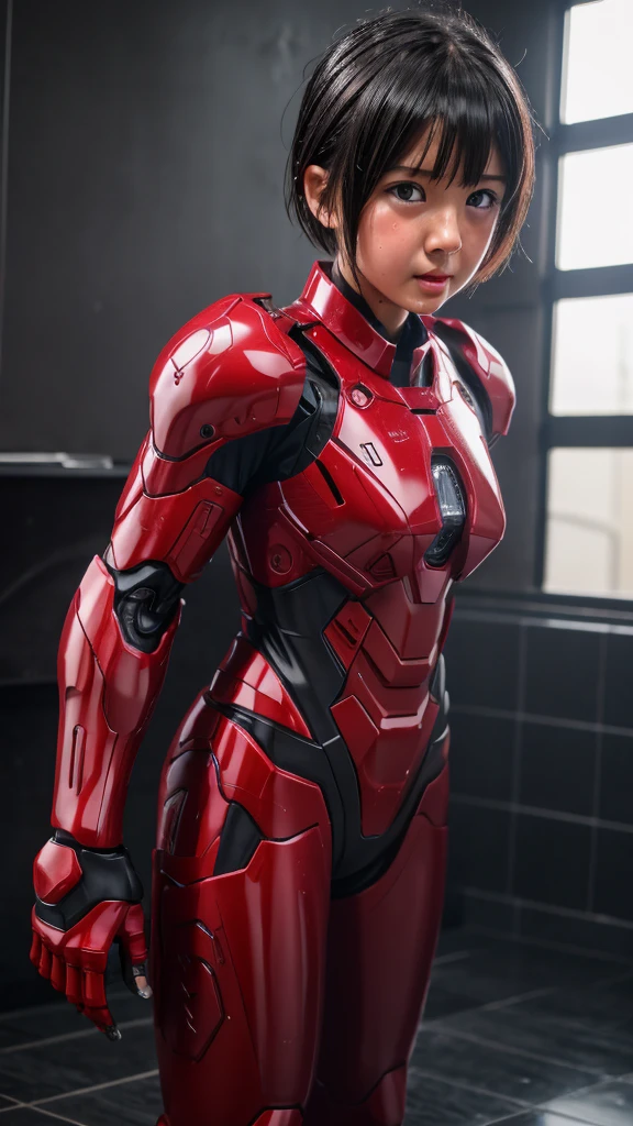 Best Quality　 8k full body red war machine suit girl　Gloss　 elementary school girl 　Sweaty face　cute　 short hair　 boyish 　Steam coming out of my head　 My hair is wet from sweat　The feel of black hair　 full body portrait 　  erotic expression 　Drooling from the mouth　bare hands　 low angle 