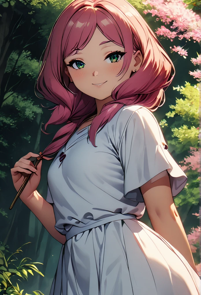 ultra realistic 8k cg, masterpiece, ((ultra detailed background, delicate pattern, intricate detail)), (highly detailed, fine details), best quality, 1girl, (photorealistic:1.4),beautiful lighting, absurdres, RAW photo, film grain, 1girl, solo, smile, long sleeves, looking at viewer, japanese clothes, medium-small breasts, haori, cleavage, closed mouth, (jacket, skirt, belt, black skirt, pleated skirt, thighhigh, from behind), green thighhighs, zettai ryouiki, <lora:Mitsuri1:1>, <lora:DetailTweaker:0.5>, (two-tone hair, pink hair, green hair), green eyes, (forest path background, complex detailed background)