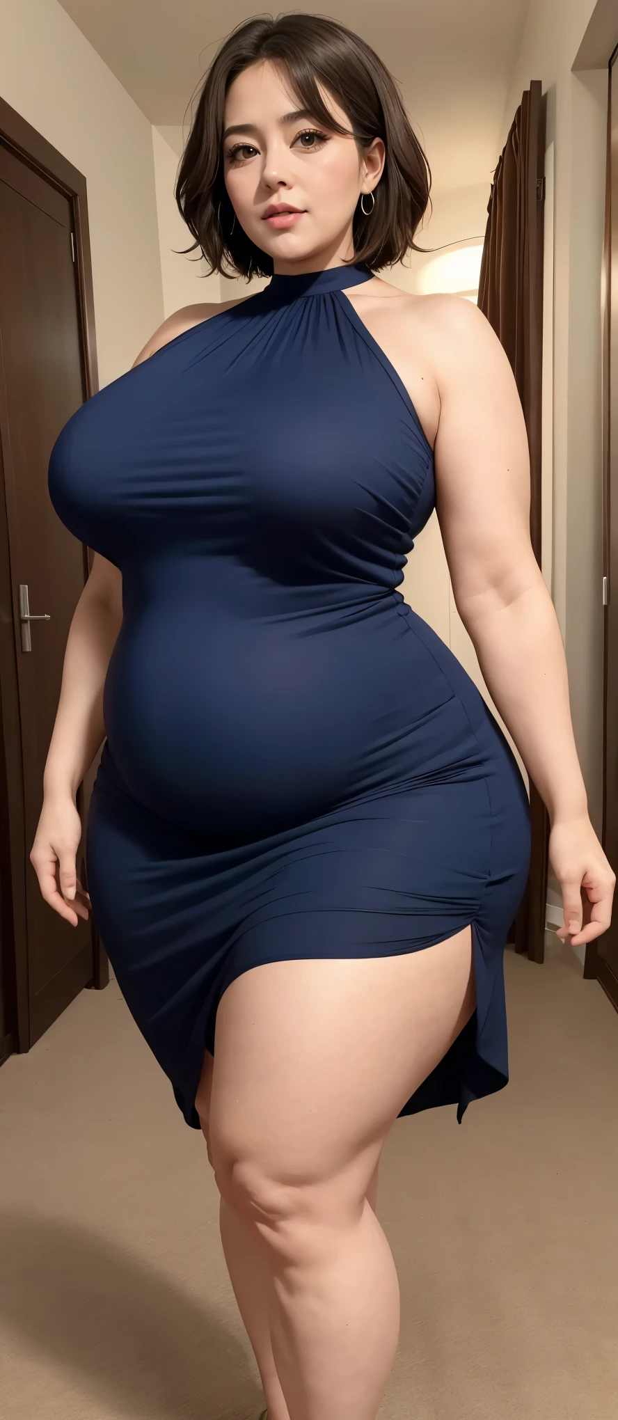 Chubby woman with fat belly and tight thighs, full body, 50-year-old mature woman, thick hips, thick neck, thick chest, big eyes, wearing a longest dress