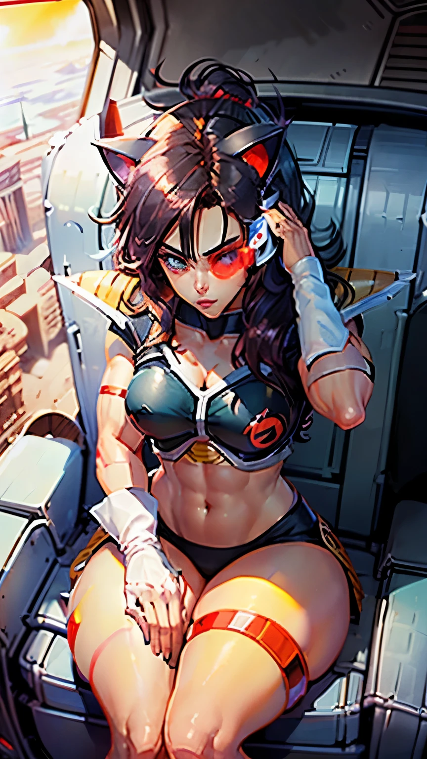  A black-haired girl with red eyes,  pointy hair  , cat ears, raising the right eyebrow, eyeliner,  Beautiful eyebrows , lip filler, eyelashes,  tinted sunglasses , Saiyan Scouter , saiyajin armadura,  muscular body,  frieza spaceship ,  takes full body,  crop top,  sitting on a chair, hand on face