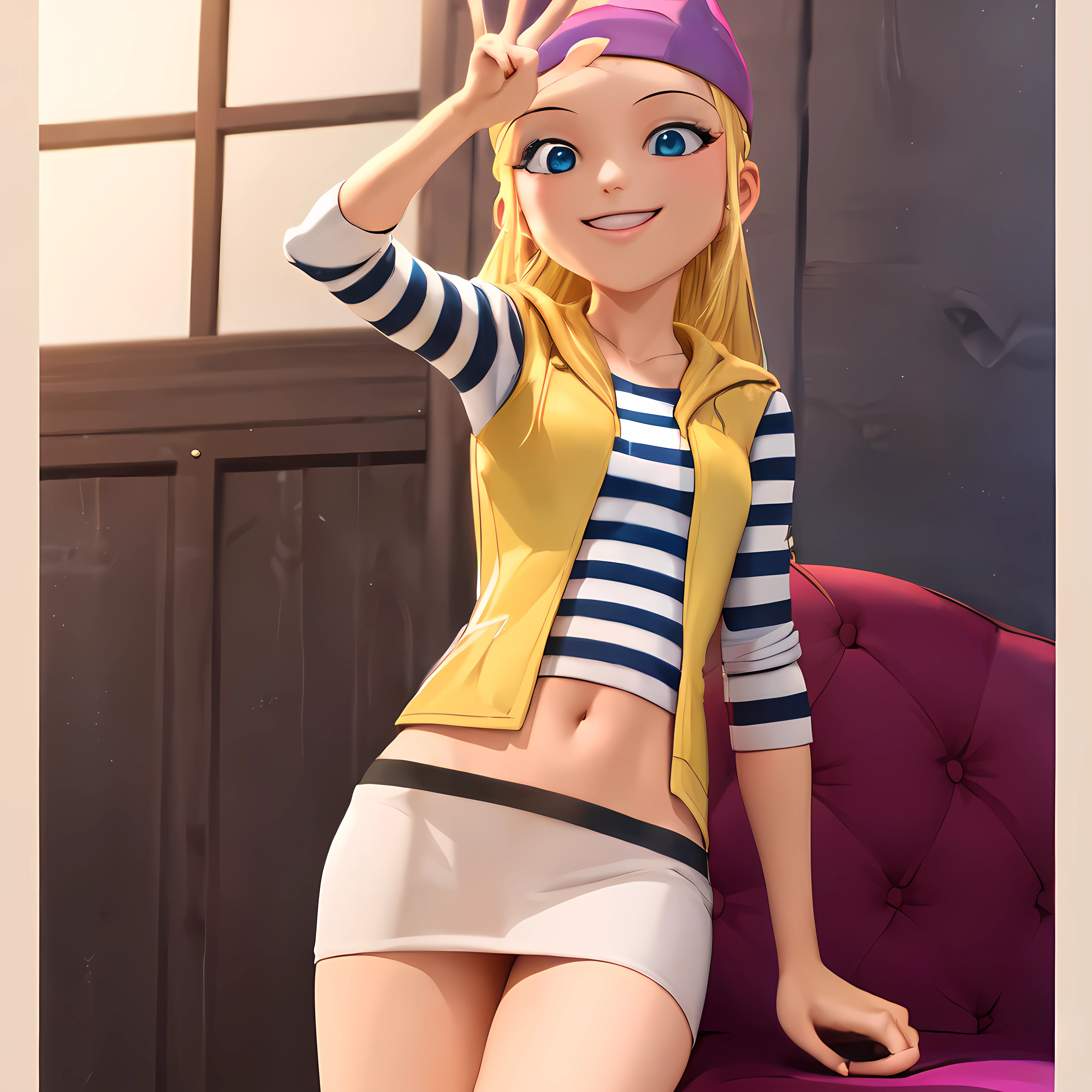 (8k, RAW photo, best quality, masterpiece:1.2), (intricate details), highres, perfect eyes, perfect face, perfect lighting, beautiful, (masterpiece:1.2), (best quality:1.2), 1girl, solo, chloe, blue eyes, blonde, sunglasses on the head, yellow beanie, yellow vest, white miniskirt, black white striped shirt, long yellow socks, navel shirt, peace sign. smiling, showing teeth