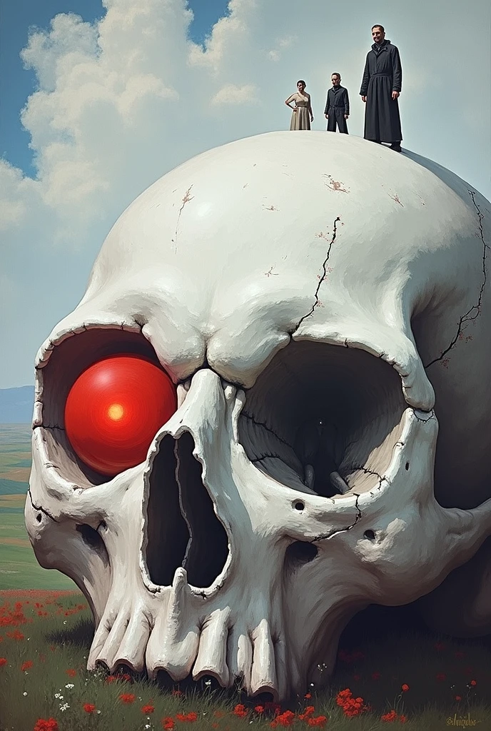   picture of a man standing on top of the skull of a red-eyed giant, skull painting,  Inspired by David Wojnarovich, Red skull nose,  painting of a woman and man standing in a field ,  Detailed cover art , Jan Zrzavý,  by Tadeusz Pruszkowski , , Black lung detail  